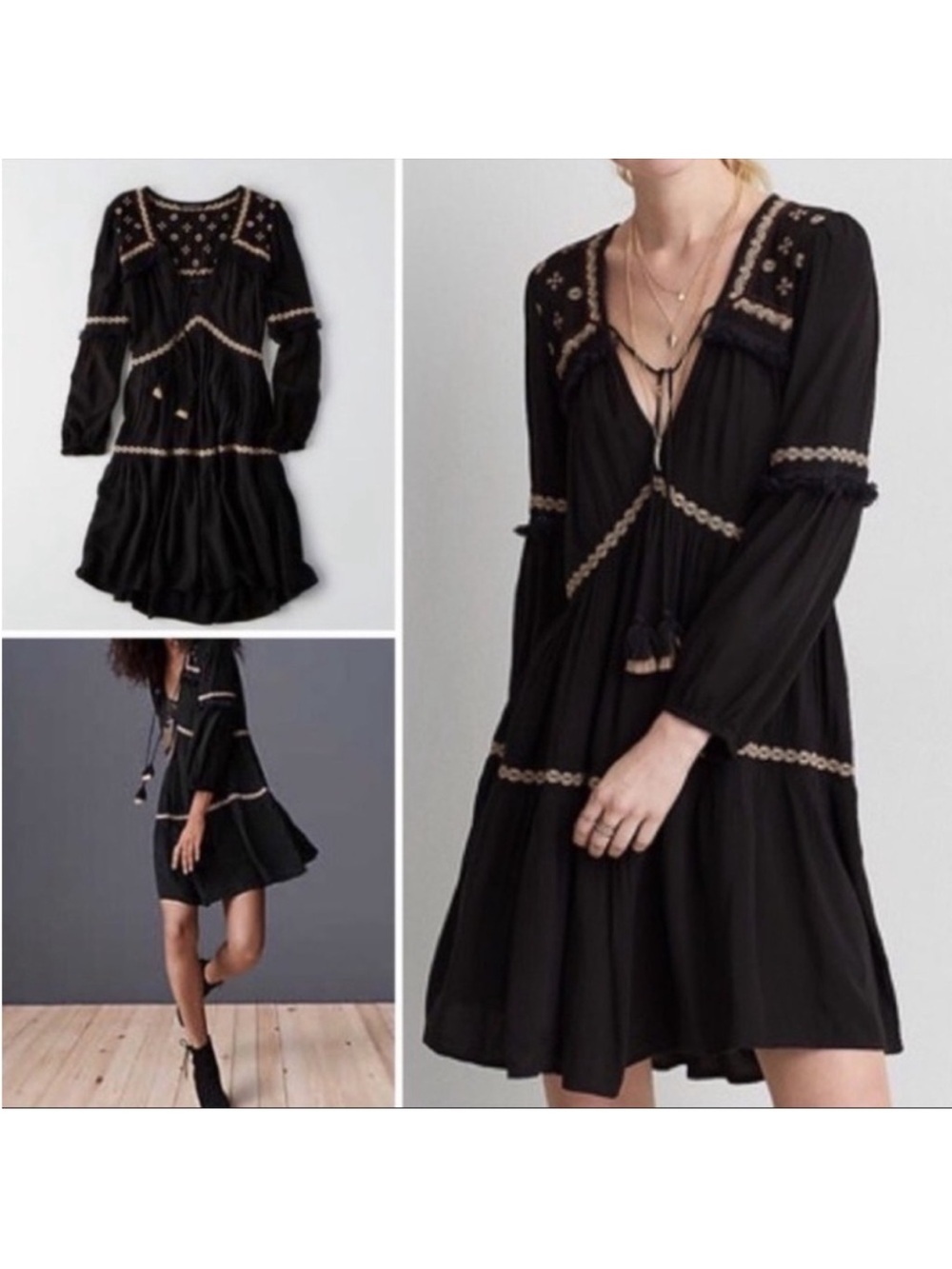 American Eagle Black Embroidered babydoll dress boho tassel sz S